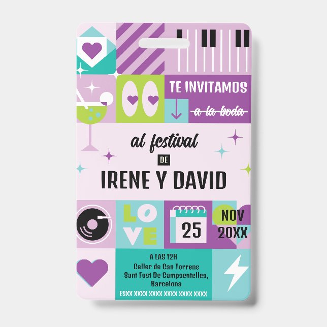 Turquoise Lilac Retro WedFest Blue Festival Weddin Badge (Front)