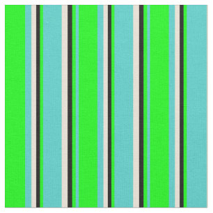Turquoise, Lime, Black & Bisque Coloured Lines Fabric
