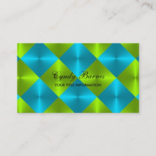 Turquoise Lime Metallic Look Diamond Tiles Business Card (Front)