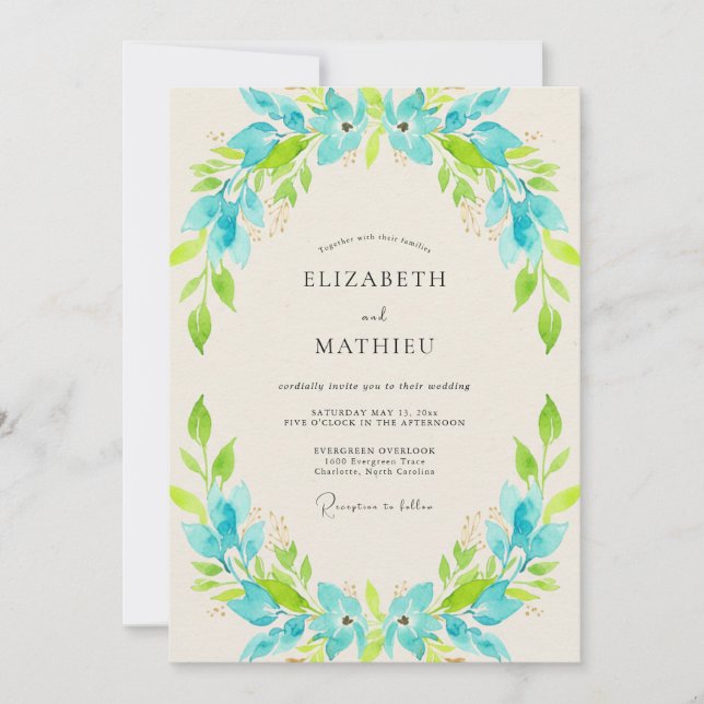 Turquoise Lime Wreath Wedding Invitation (Front)