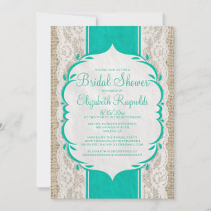 Turquoise Linen Burlap Lace Bridal Shower Invites