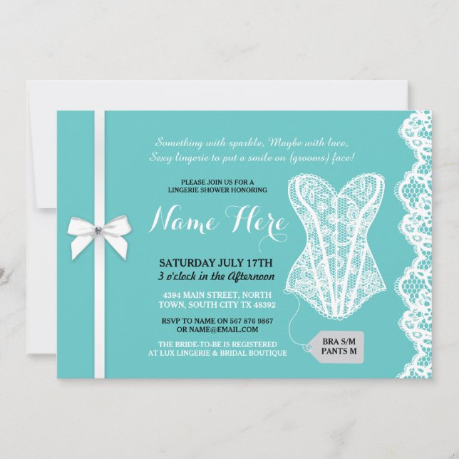 Turquoise Lingerie Douche Invitation White Lace Br (Devant)