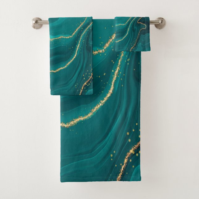 Turquoise liquid marble background with gold bath towel set (Insitu)