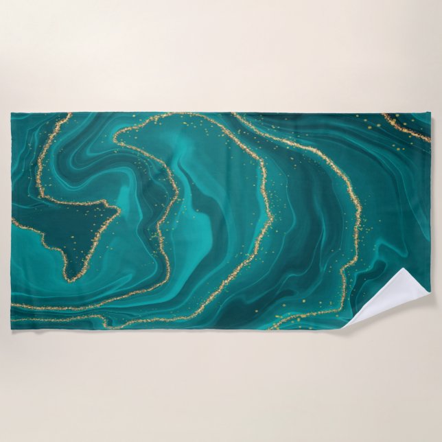 Turquoise liquid marble background with gold beach towel (Front)