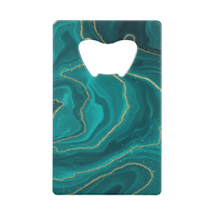 Turquoise liquid marble background with gold credit card bottle opener