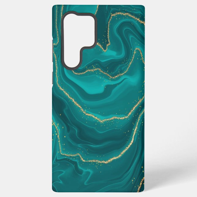 Turquoise liquid marble background with gold samsung galaxy s22 ultra case (Back)