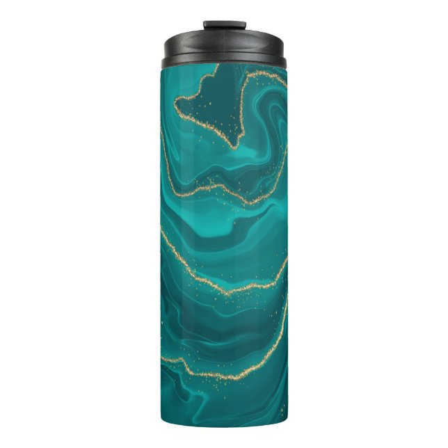 Turquoise liquid marble background with gold thermal tumbler (Front)