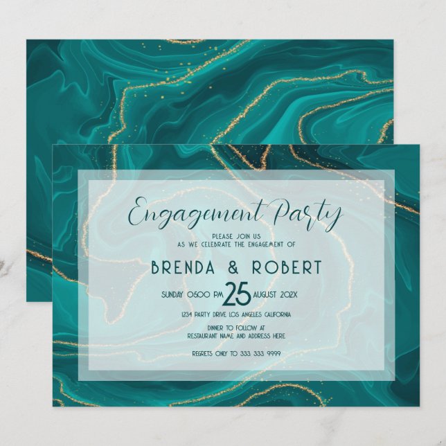Turquoise liquid marble engagement invite (Front/Back)