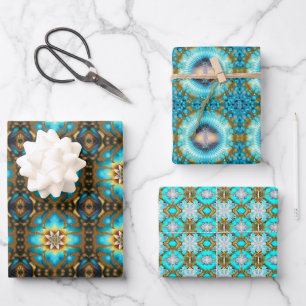 Turquoise Lotus Fractal Pattern Wrapping Paper Sheet