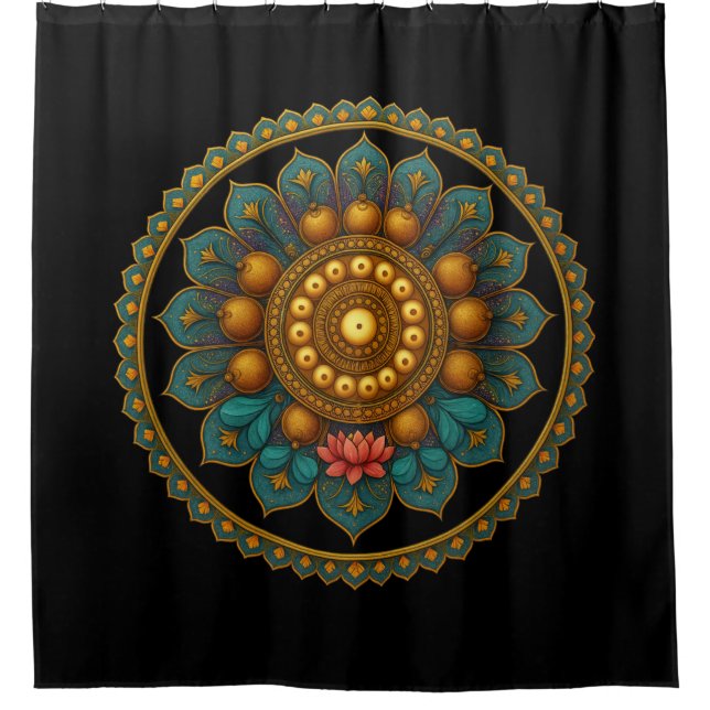 Turquoise Lotus Mandala Art | Black Boho Graphic (Front)