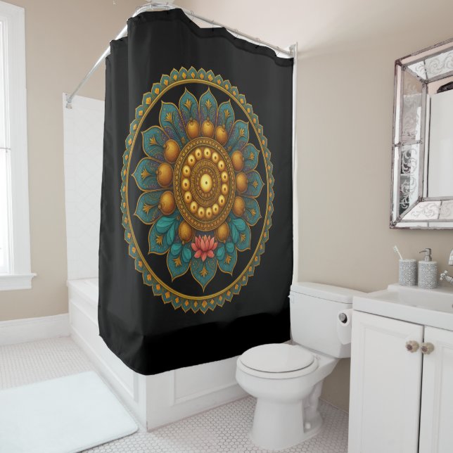 Turquoise Lotus Mandala - Black Boho Graphic Art (In Situ)