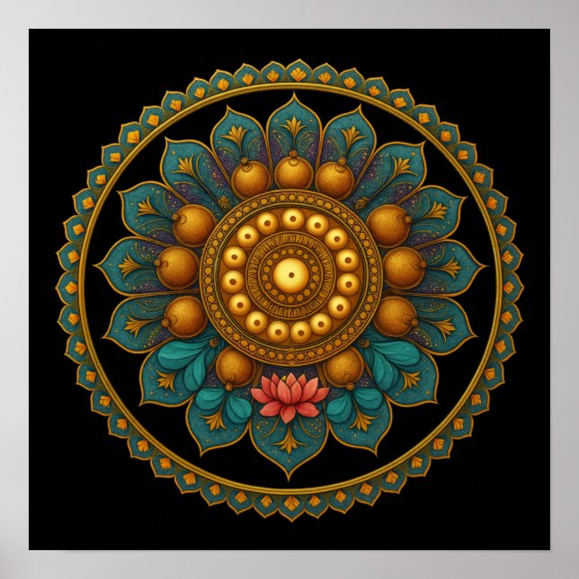 Turquoise Lotus Mandala - Black Boho Graphic Art Poster (Front)