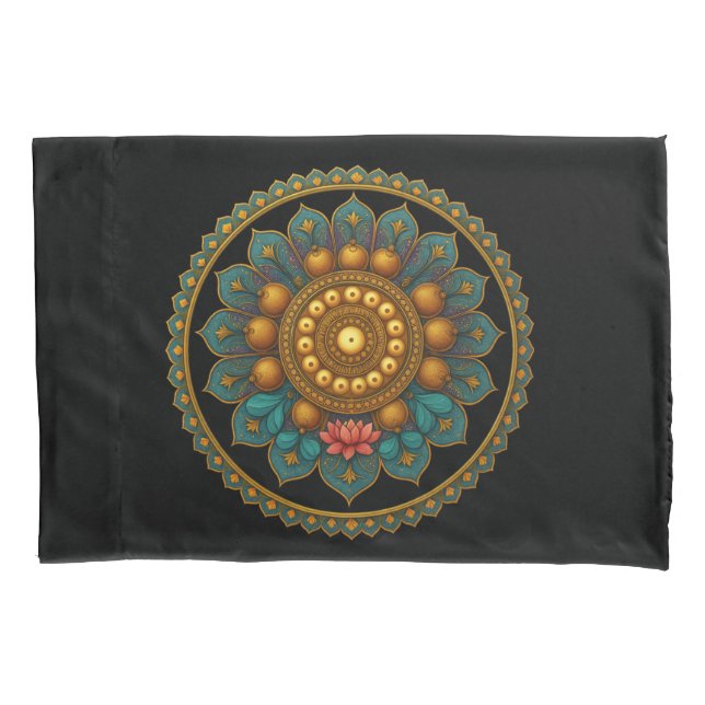 Turquoise Lotus Mandala - Reversible Black Boho Pillowcase (Front)