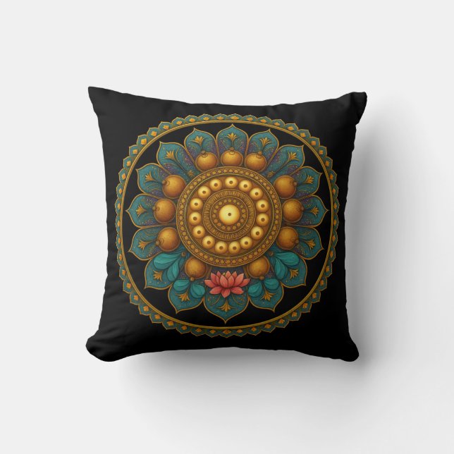 Turquoise Lotus Mandala - Reversible Black Boho Throw Pillow (Front)