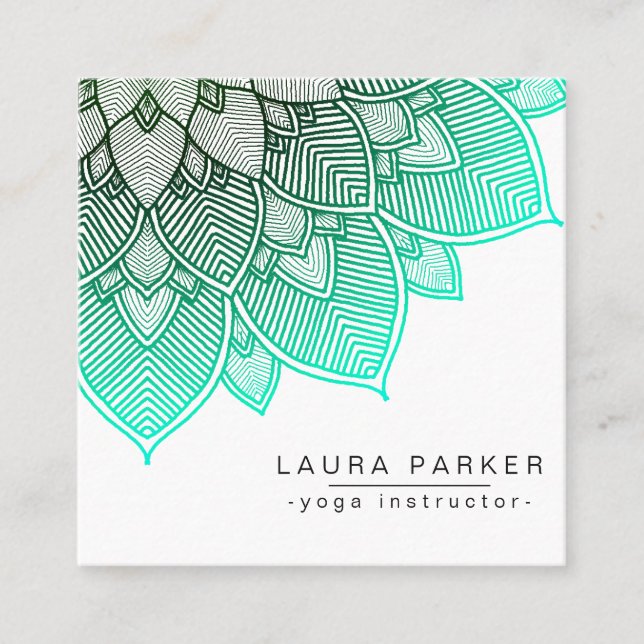 Turquoise Lotus Mandala Yoga Instructor Square Business Card (Front)