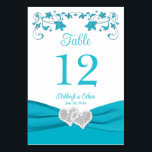 Turquoise Love Hearts Wedding Table Number Card<br><div class="desc">This romantic double-sided white and turquoise blue floral wedding table number card has an image of a pair of joined hearts overtop a turquoise blue ribbon image running across the bottom of the card. The white text area has the table number, the names of the bride and groom, and the...</div>