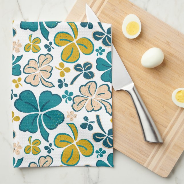 Turquoise Lucky 4 Leaves Shamrocks Clover Pattern Kitchen Towel (Quarter Fold)