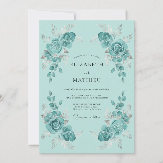 Turquoise Luminous Floral Wedding Invitation (Front)