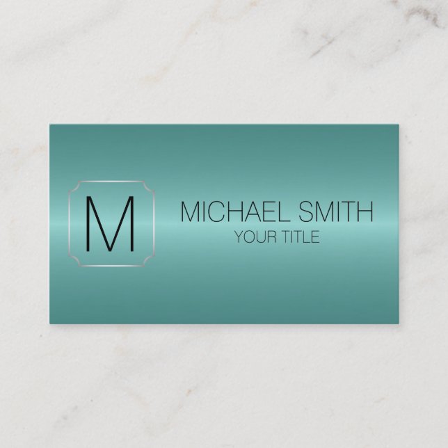 Turquoise Luxury Stainless Steel Metal Monogram #2 Business Card (Front)