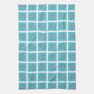Turquoise Mandala Kaleidoscope Circle white border Kitchen Towel