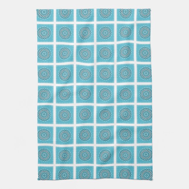 Turquoise Mandala Kaleidoscope Circle white border Kitchen Towel (Vertical)
