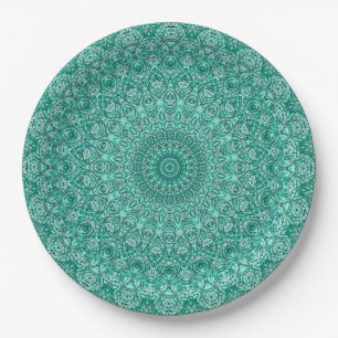 Turquoise Mandala Kaleidoscope Medallion Flower Paper Plate