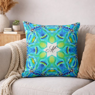 Turquoise Mandala Monogram Pattern Blue Green Art Throw Pillow