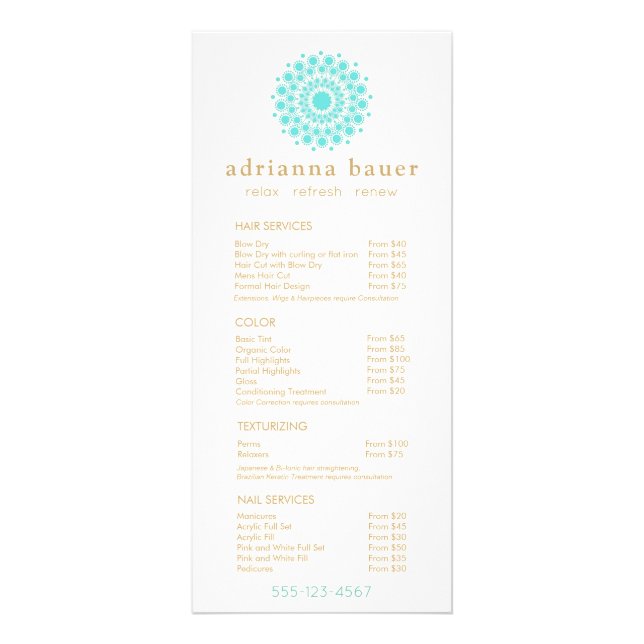 Turquoise Mandala Spa Salon Prix Menu (Devant)