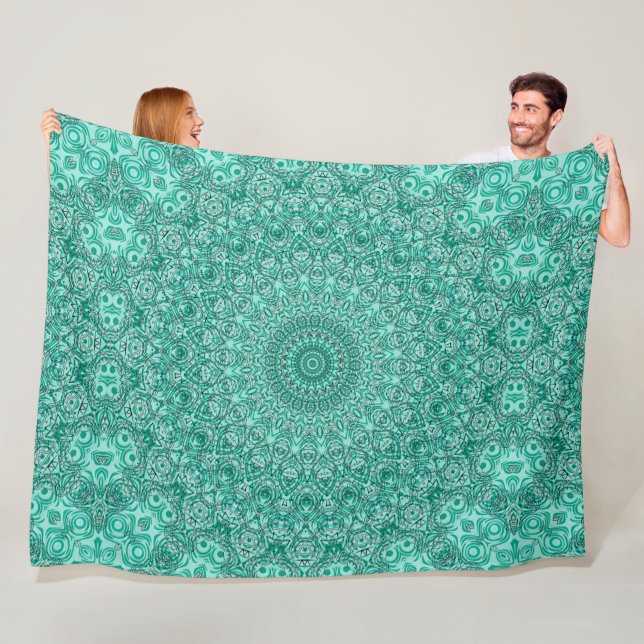 Turquoise Mandala with Intricate Symmetry Fleece Blanket (In Situ)