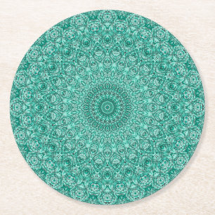 Turquoise Mandala with Intricate Symmetry Round Paper Coaster