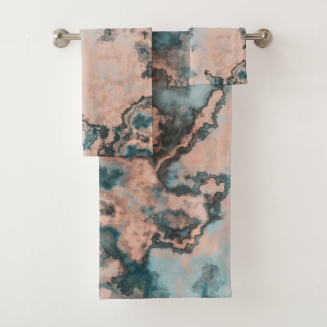 Turquoise Marble abstract Bath Towel Set (Insitu)