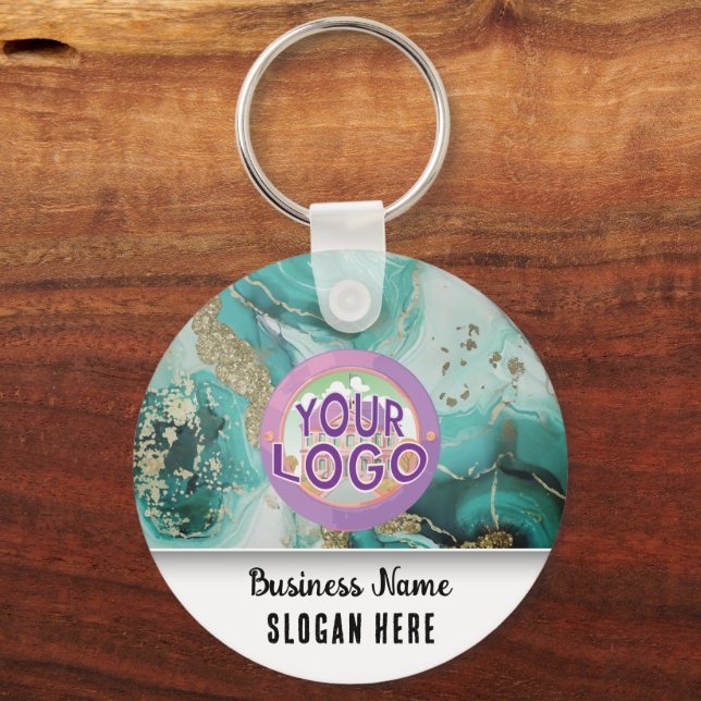 Turquoise Marble Branding Elegant Business Logo Keychain (Front)