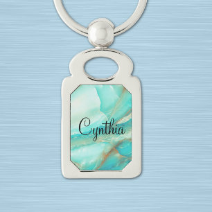 Turquoise Marble, Gold Accent Print, Rectangle Keychain