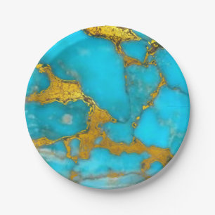 Turquoise Marble GOLD Glitter - ADD Initials Paper Plate
