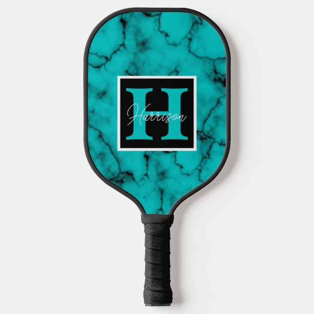 Turquoise Marble Name and Monogram Personalized  Pickleball Paddle (Front)