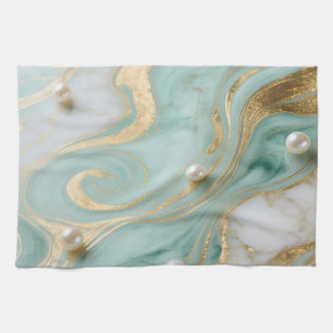 Turquoise Marble Pearl Gold Swirl Kitchen Towel