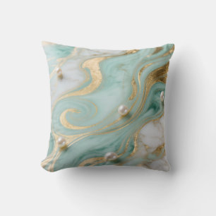 Turquoise Marble Pearl Gold Swirl Throw Pillow