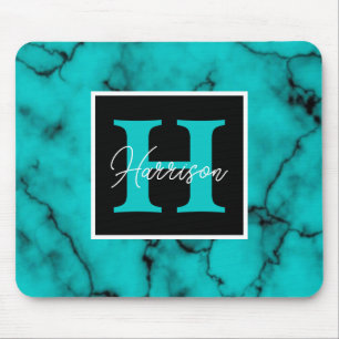 Turquoise Marble Sophisticated  monogram name  Mouse Pad