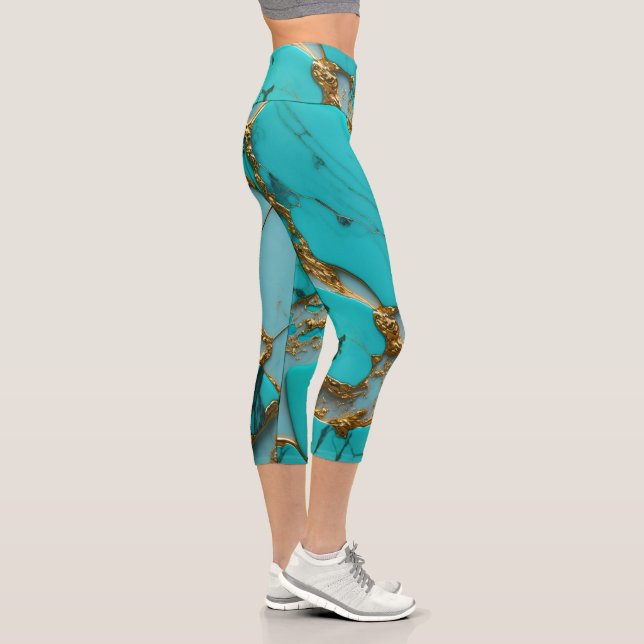 Turquoise Marble with Golden Veins Capri Leggings (Right)