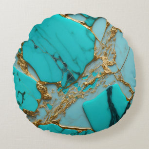 Turquoise Marble with Golden Veins Round Pillow
