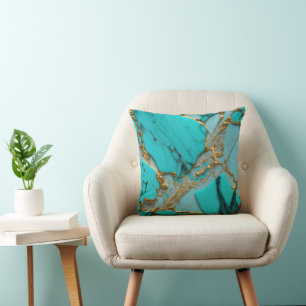 Turquoise Marble with Golden Veins Throw Pillow