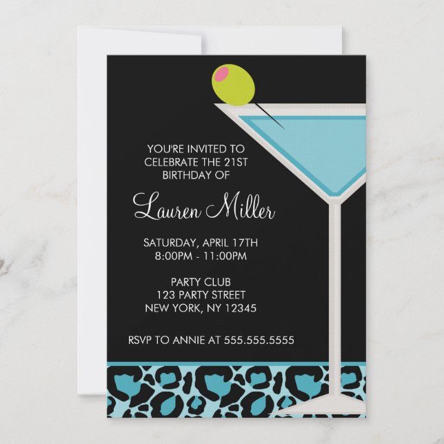 Turquoise Martini and Leopard Print Invitation (Front)