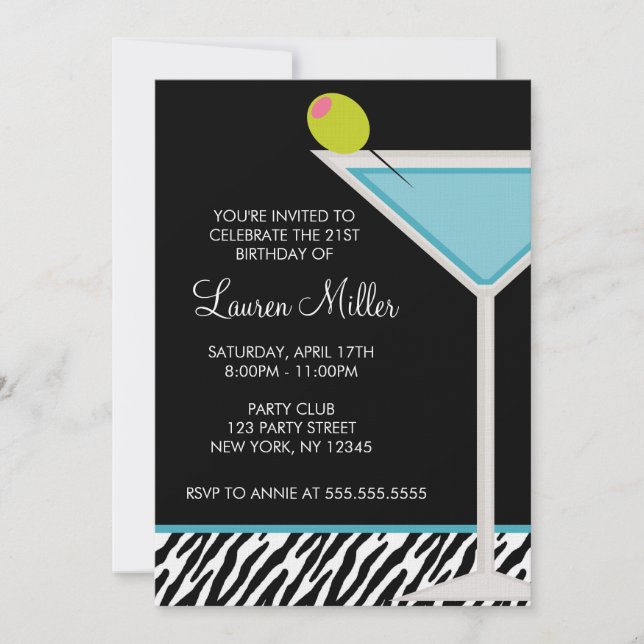 Turquoise Martini and Zebra Pattern Invitation (Front)