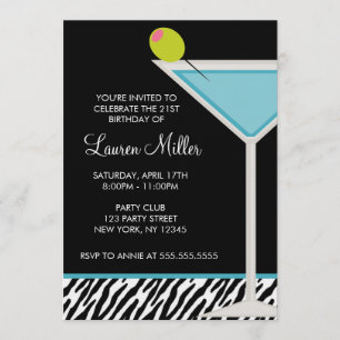 Turquoise Martini and Zebra Pattern Invitation