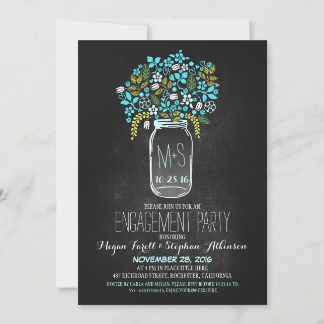 turquoise mason jar chalkboard engagement party invitation (Front)
