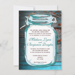 Turquoise Mason Jar Rustic Wood Wedding Invitation