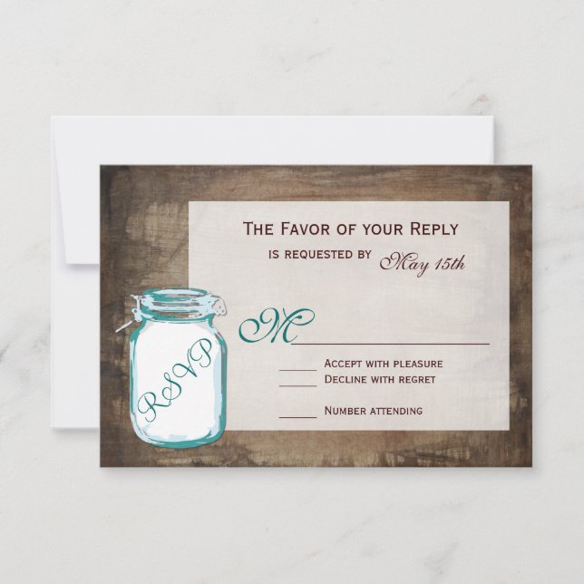 Turquoise Mason Jar Rustique Brown mariage Cartes  (Devant)