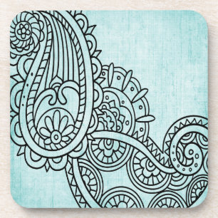 Turquoise Mehndi Motif Plastic Coaster Set