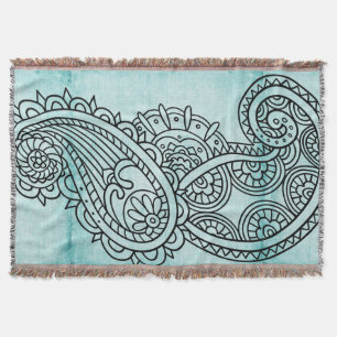 Turquoise Mehndi Motif Throw Blanket