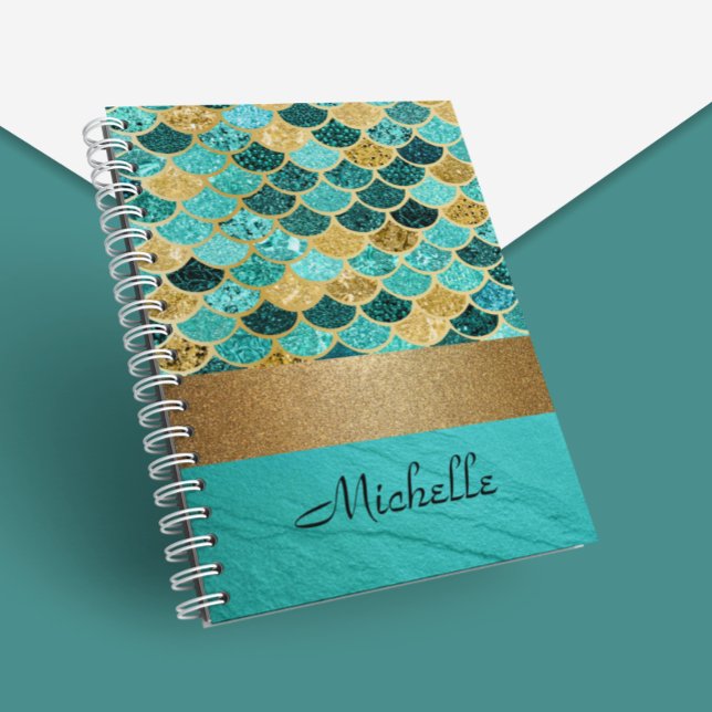 Turquoise Mermaid Scales Stone Personalized Gold Notebook (Creator Uploaded)